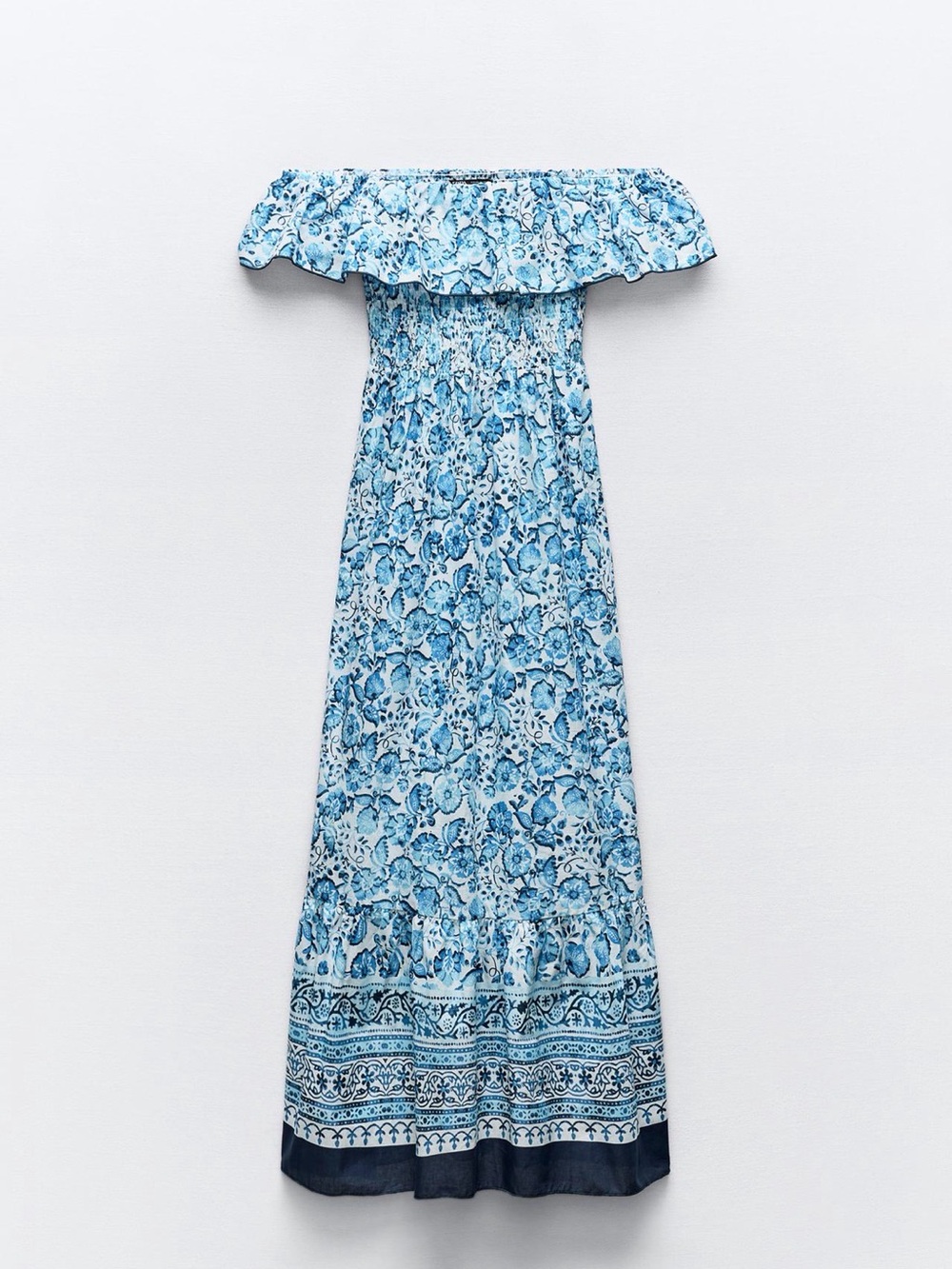 Zara Blue and White Off-Shoulder Floral Maxi Dress